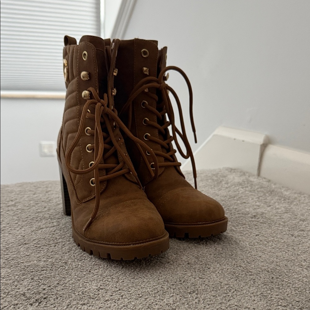 G by Guess Tan Lace-Up Boots with Gold Details